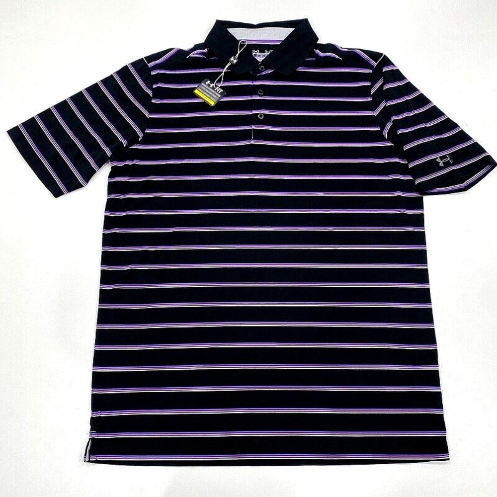 NWT Under Armour UA‎ Stripe Polo Shirt M Loose Golf Heatgear Black Mens $60